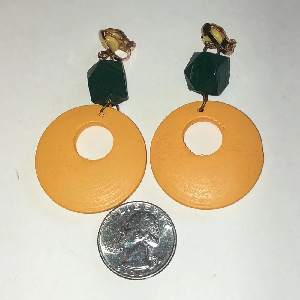 Orange and Green Wooden Geometric Earrings